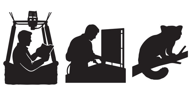 Silhouettes of a man reading in a hot air balloon, a person working at a desk, and a red panda on a tree branch