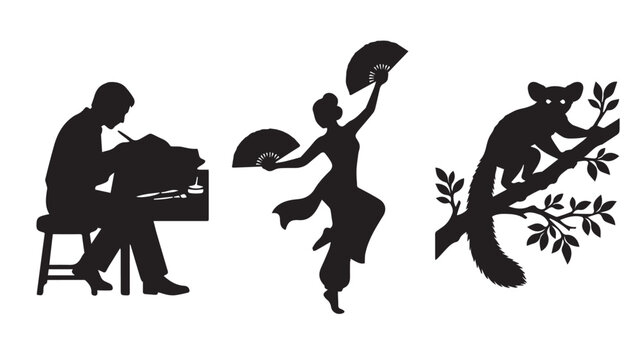 Set of black silhouettes of a man writing, a woman dancing with fans, and a lemur on a tree branch