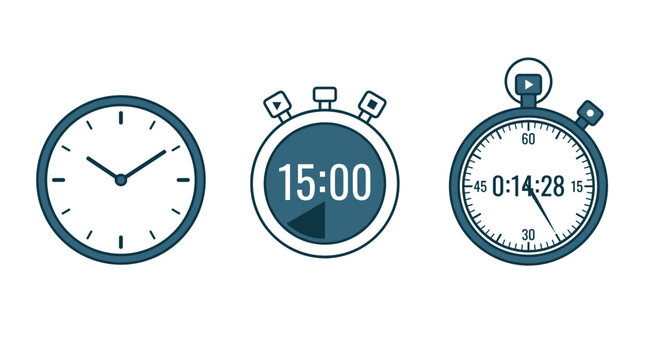 Collection of three timekeeping devices including a clock and two stopwatches with digital displays