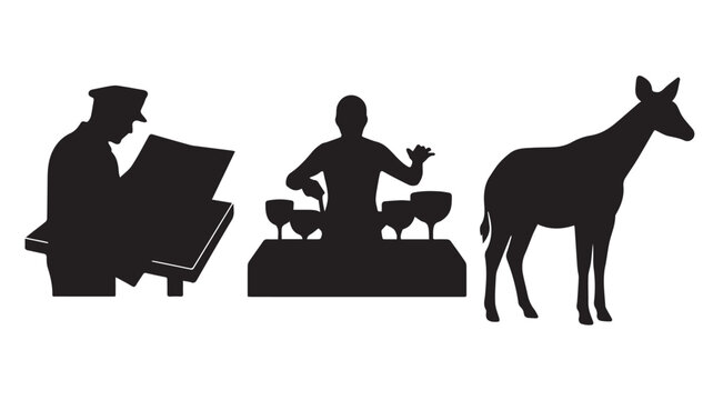 Silhouettes of a man reading a newspaper, a bartender mixing drinks, and a deer standing