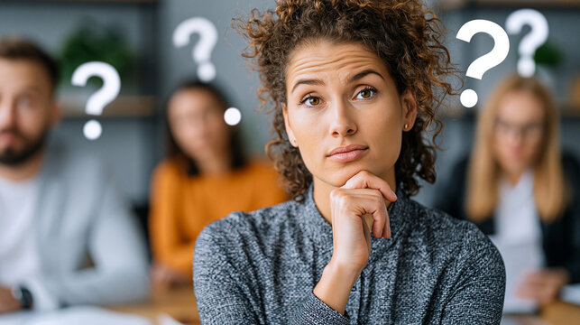 Thoughtful young woman surrounded by blurred people with question marks in office