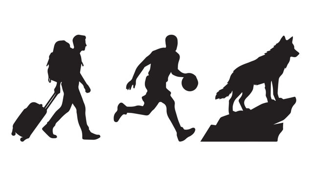 Silhouettes of a traveler with luggage, a basketball player, and a wolf standing on a rock