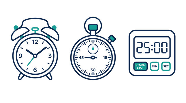 Collection of three timekeeping devices including an alarm clock, stopwatch, and digital timer