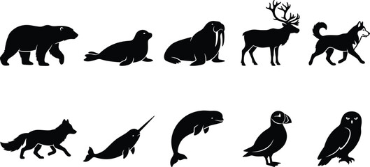 Arctic animal silhouettes including polar bear seal walrus reindeer husky fox narwhal beluga puffin and snowy owl © Sabbir's World