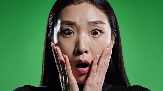 Shocked Young Asian Woman with Open Mouth on Green Screen