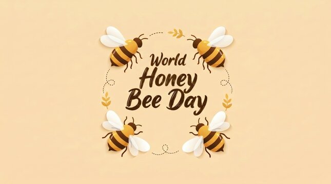 World honey bee day banner with cute cartoon bees on yellow background celebrating environmental awareness and nature conservation with simple graphic elements for social media post or greeting card.