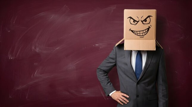 Professional businessman wearing a cardboard box head with an angry cartoon face drawn on front