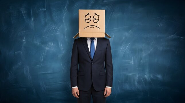 Professional businessman in a formal suit wearing a cardboard box head with a sad face drawing