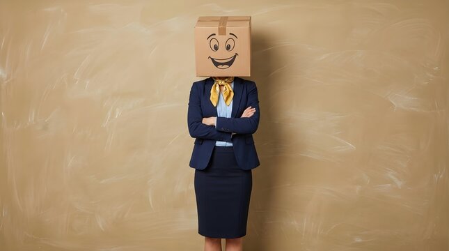 Professional businesswoman wearing a cardboard box head with a happy smiling cartoon face drawn on it