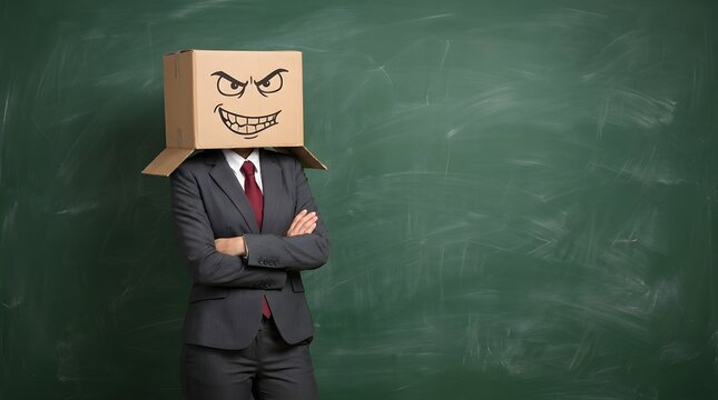 Business person wearing a cardboard box with a drawn evil face on their head standing tall