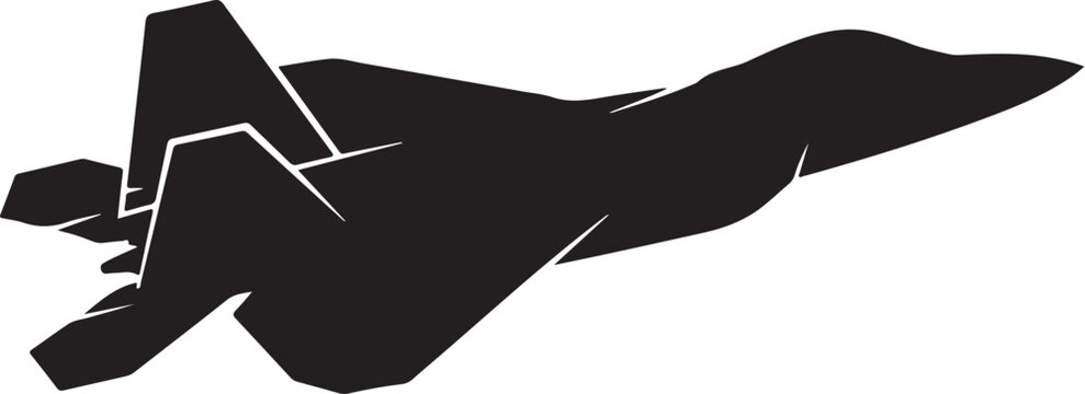 Black silhouette fighter jet, military aircraft icon, stealth plane vector, aviation symbol