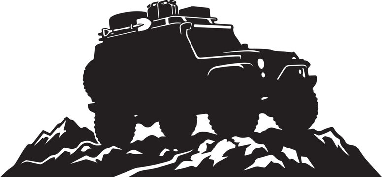 Black SUV, off-road vehicle, mountain silhouette, adventure icon