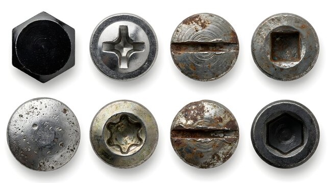 Eight different metal screw heads arranged in a grid pattern against a clean white background