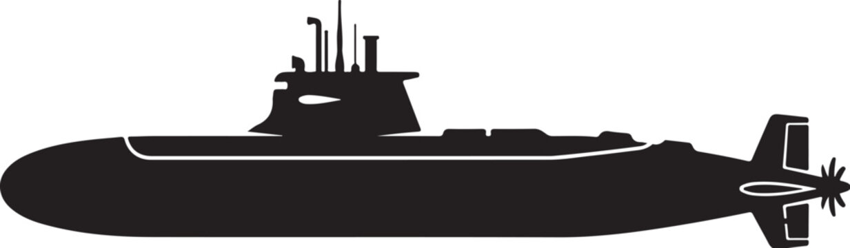 Black submarine vector, military submarine icon, naval vessel silhouette, ocean explorer graphic