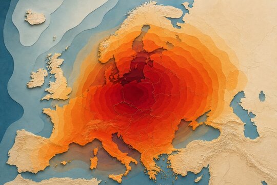 Layered Europe heat anomaly map with red zones, summer heat cyclone pattern, climate risk, thermal gradient and paper cut relief