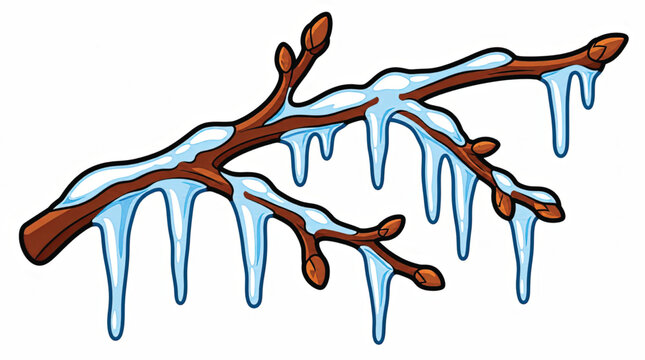Frozen icicles on brown tree branch.