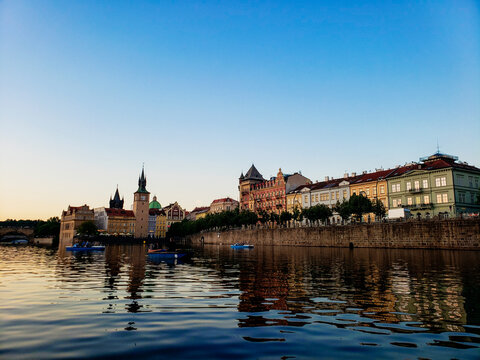 Prague, Czechia Seen From the Vitava River During a Spring Evening