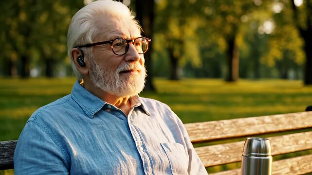 Senior man adjusts wireless earbud on park bench during sunset. Elderly person uses earbud outdoors. Senior with glasses touches earphone. Man sits on bench with earbud in park nature setting.