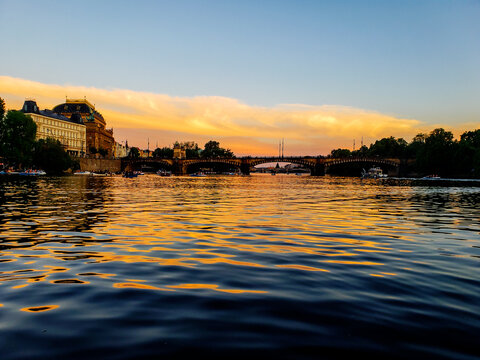 Prague, Czechia Seen From the Vitava River During a Spring Evening