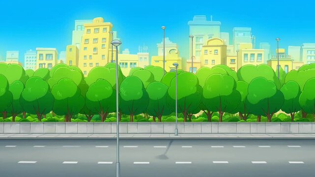 Animated city street background, with lush green, trees and urban, skyline 2 d, cartoon style