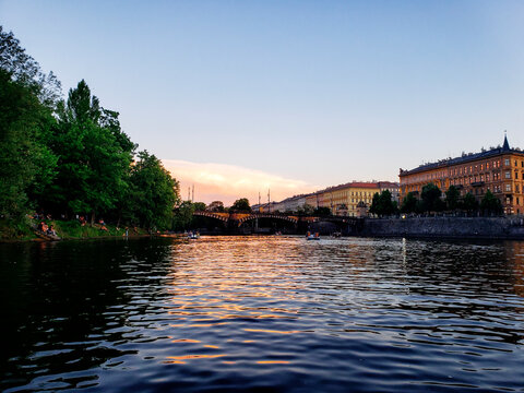 Prague, Czechia Seen From the Vitava River During a Spring Evening