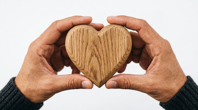 Hands holding a wooden heart shape symbolizing love care and affection with a clean white background