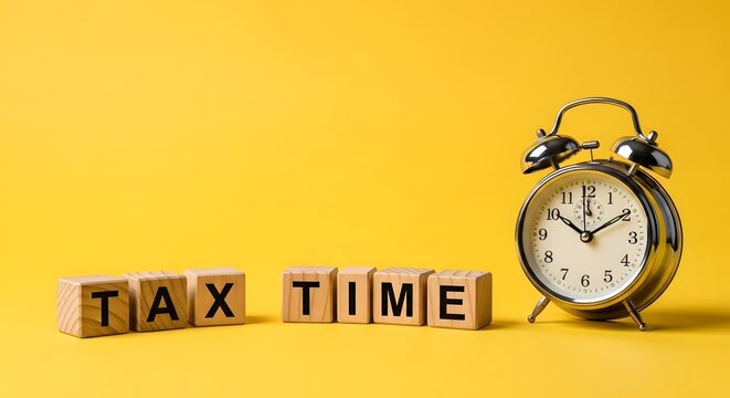 Alarm clock stands next to wooden alphabet blocks spelling out the urgent message of tax time on a bright yellow surface.