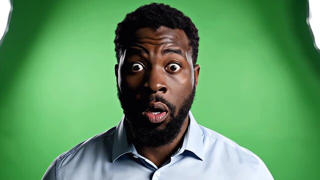 Surprised African American man with shocked expression on green screen