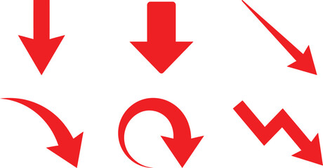 Set of various red arrows pointing down in different shapes and directions for design projects © Rehena