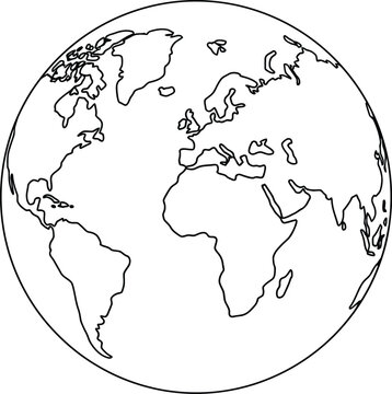 Simple black and white line drawing of the earth globe showing world map continents