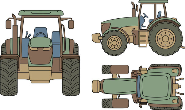 Farm Tractor Multiple Views Front Side Top Technical Vector Illustration