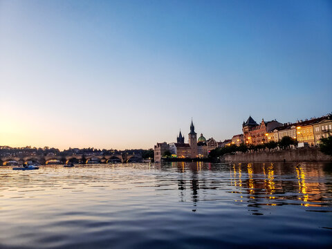 Prague, Czechia Seen From the Vitava River During a Spring Evening