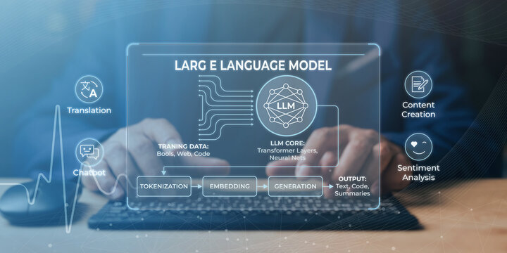 Person using advanced large language model technology for translation chatbot content creation and sentiment analysis applications