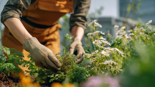 Close up of hands carefully working with plants in a flourishing outdoor garden, highlighting sustainable gardening practices. The scene captures the beauty of nature and eco friendly lifestyles