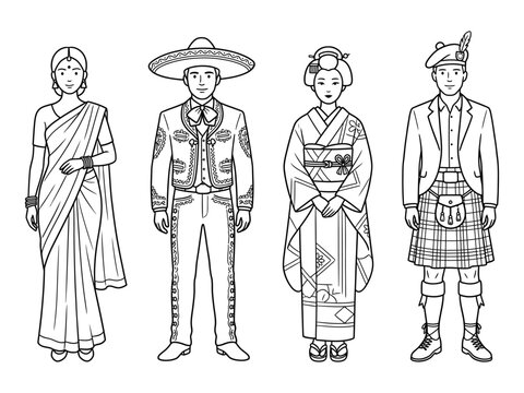 Collection of hand drawn people wearing traditional international costumes including indian saree mexican charro suit japanese kimono and scottish kilt with tradition international clothing