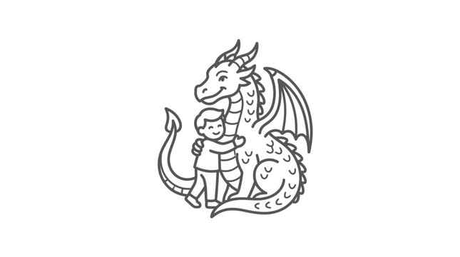 Little boy with friendly dragon creature.