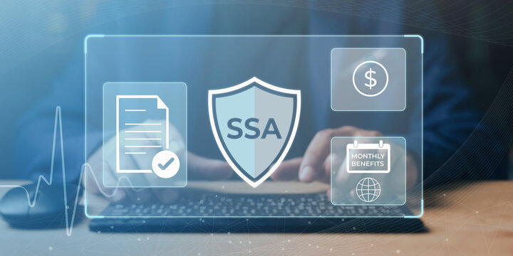 Person using laptop displaying SSA benefits information with documents money and monthly payments icons