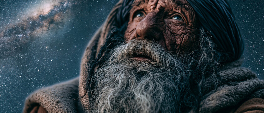 Biblical patriarch Abraham looking at the starry night sky. The covenant of God and the promise of descendants. Astrophotography concept.