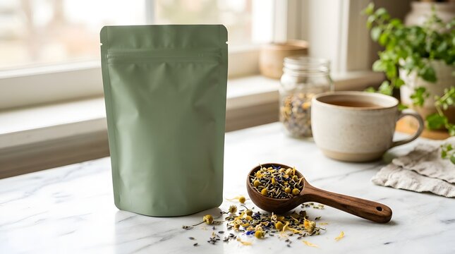 Blank matte green pouch packaging for herbal tea or organic food product with packaging container beverage infusion background branding template presentation marketing wellness lifestyle