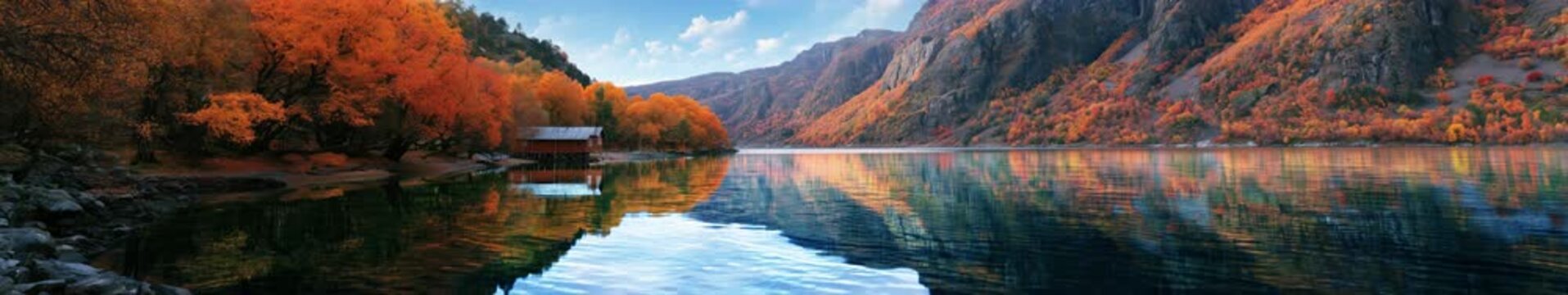 Stunning Autumn Mountain Lake with Orange Red Foliage Reflection and Rustic Cabin Panorama &mdash; Widescreen Loop