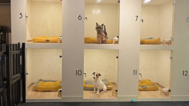 A Jack Russell Terrier and a Yorkshire Terrier sit behind a glass door at a pet hotel or shelter.