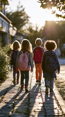 Fototapeta premium Diverse Group of Children Walking Together to School in Fall