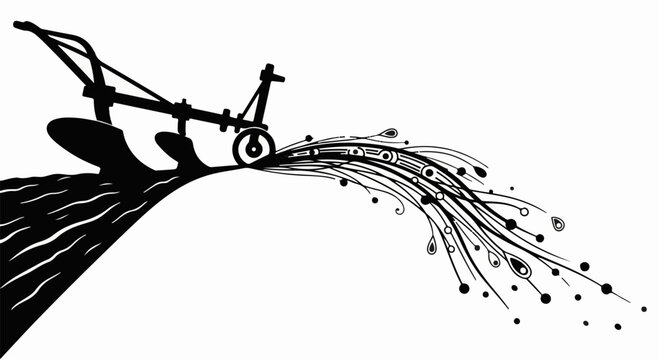 Vintage plow turning earth into artistic swirls of growth and new beginnings