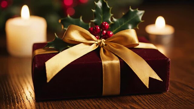 Elegant dark red velvet Christmas gift box tied with a luxurious golden ribbon and decorated with holly berries placed on a dark wooden table with soft candle lighting
