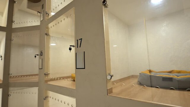 An empty pet boarding facility with individual rooms with glass doors.