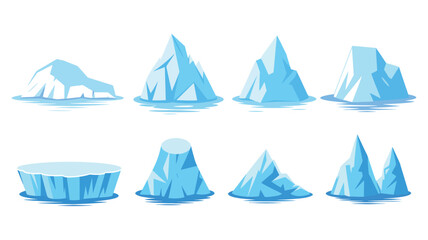 Iceberg set of blue floating ice formations, arctic glacier chunks, frozen ocean landscape elements, polar nature vector illustration. © RPO YEN