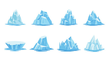 Iceberg set of blue floating ice formations, arctic glacier chunks, frozen ocean landscape elements, polar nature vector illustration. © RPO YEN