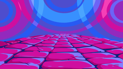 Fototapeta premium A winding cobblestone street at midnight where the puddles swirl with oil-slick rainbows and reflect floating geometric shapes.