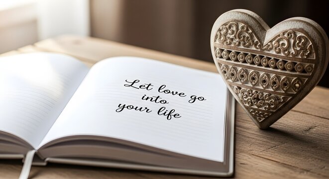 Open notebook with an inspirational quote rests on a wooden desk next to a decorative heart object.
