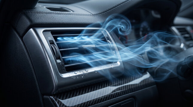 Close-up of modern car air conditioning vent panel with cool flowing blue air currents. Premium automotive stock photography representing climate control and cold breeze.